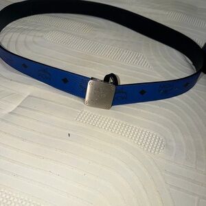 MCM Blue Logo Leather Belt with Square Silver Buckle